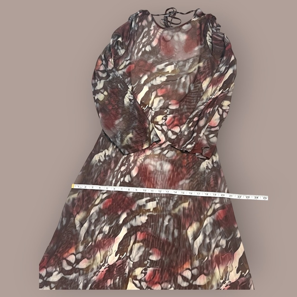 Sheer Mesh Abstract Print Maxi Dress Open Back Tie Neck Bell Sleeve Boho Y2K M/L - Picture 14 of 16